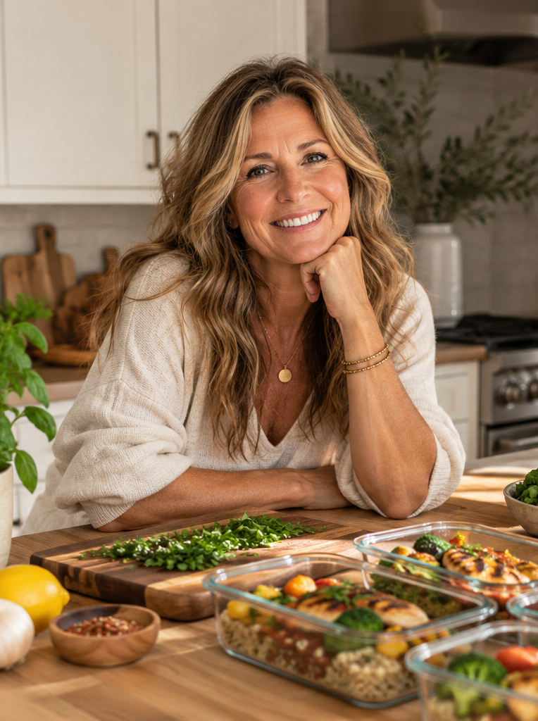 Sarah Mitchell, founder of BALANCD, in her kitchen with prepared meals